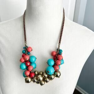 Multicolor coral and turquoise town bauble cluster bib statement necklace